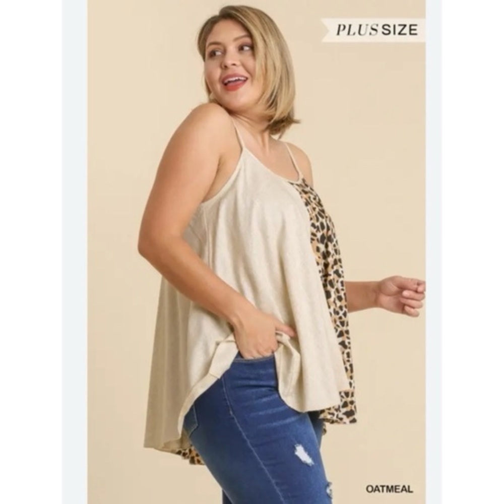 Umgee Oatmeal Cheetah Print Linen Blend Cami Style Top NWT 1XL #1155